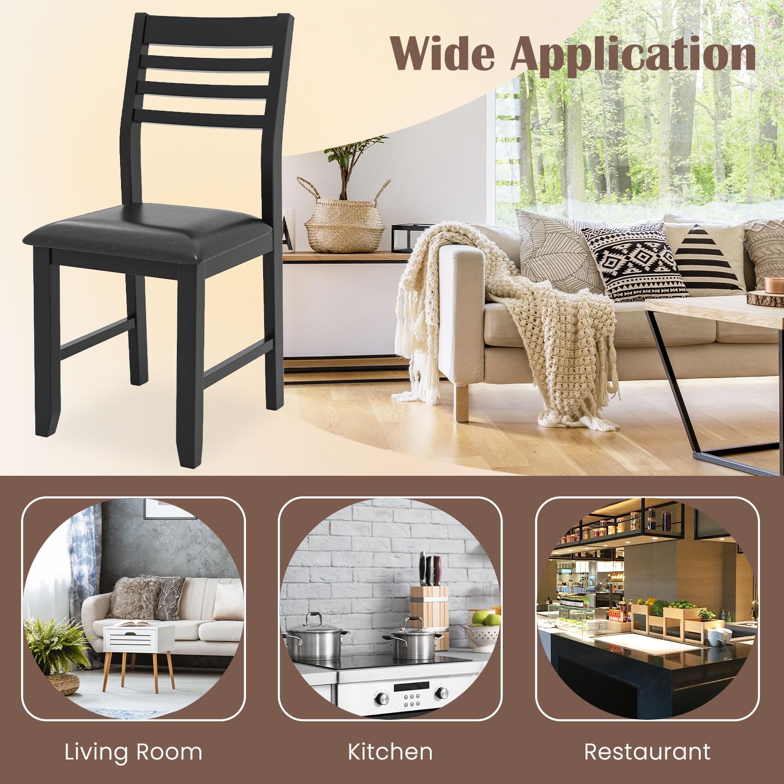 Giantex Dining Chairs Black, Faux Leather Upholstered Kitchen Chairs w/Padded Seat & Ladder Back