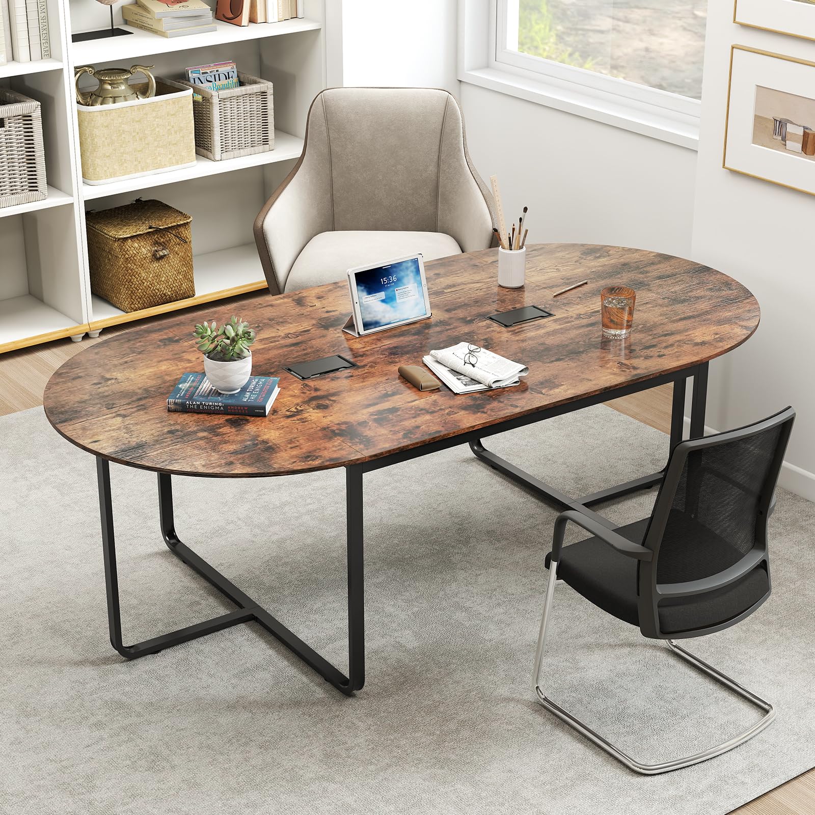Giantex Large Oval Meeting Table for 10 to 12 People with Dual Cable Holes and Metal Legs