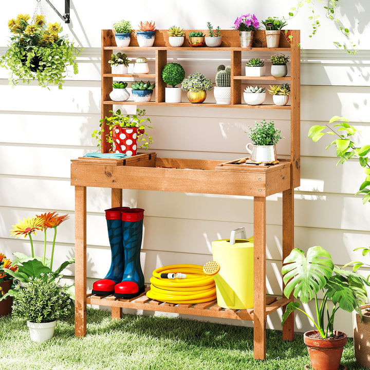 Giantex Outside Solid Wood Potting Table with Flip-up Tabletop