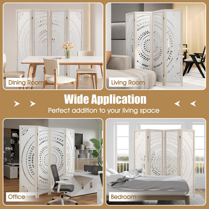 Giantex Room Divider 4 Panels - 66'' Boho Room Dividers with Carved Pattern & Solid Wood Frame