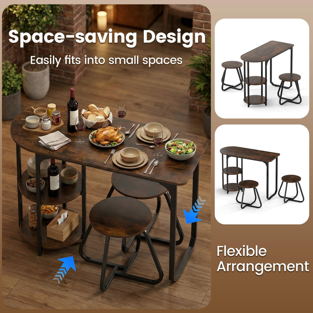 3-Piece Industrial Dining Table Set for Small Space-Rustic Brown