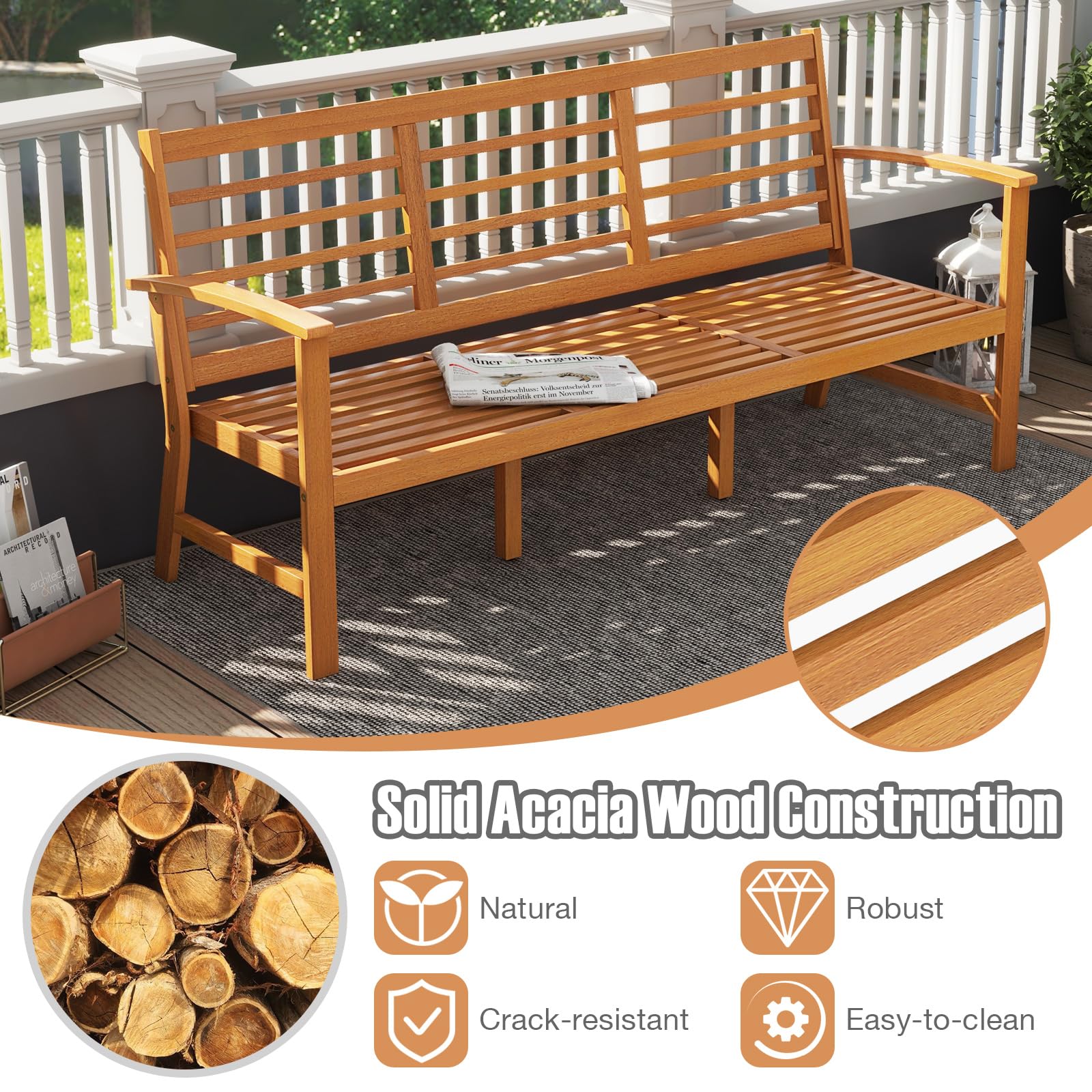 Giantex Acacia Wood Outdoor Bench, 3-Seat Patio Bench with Removable Cushion