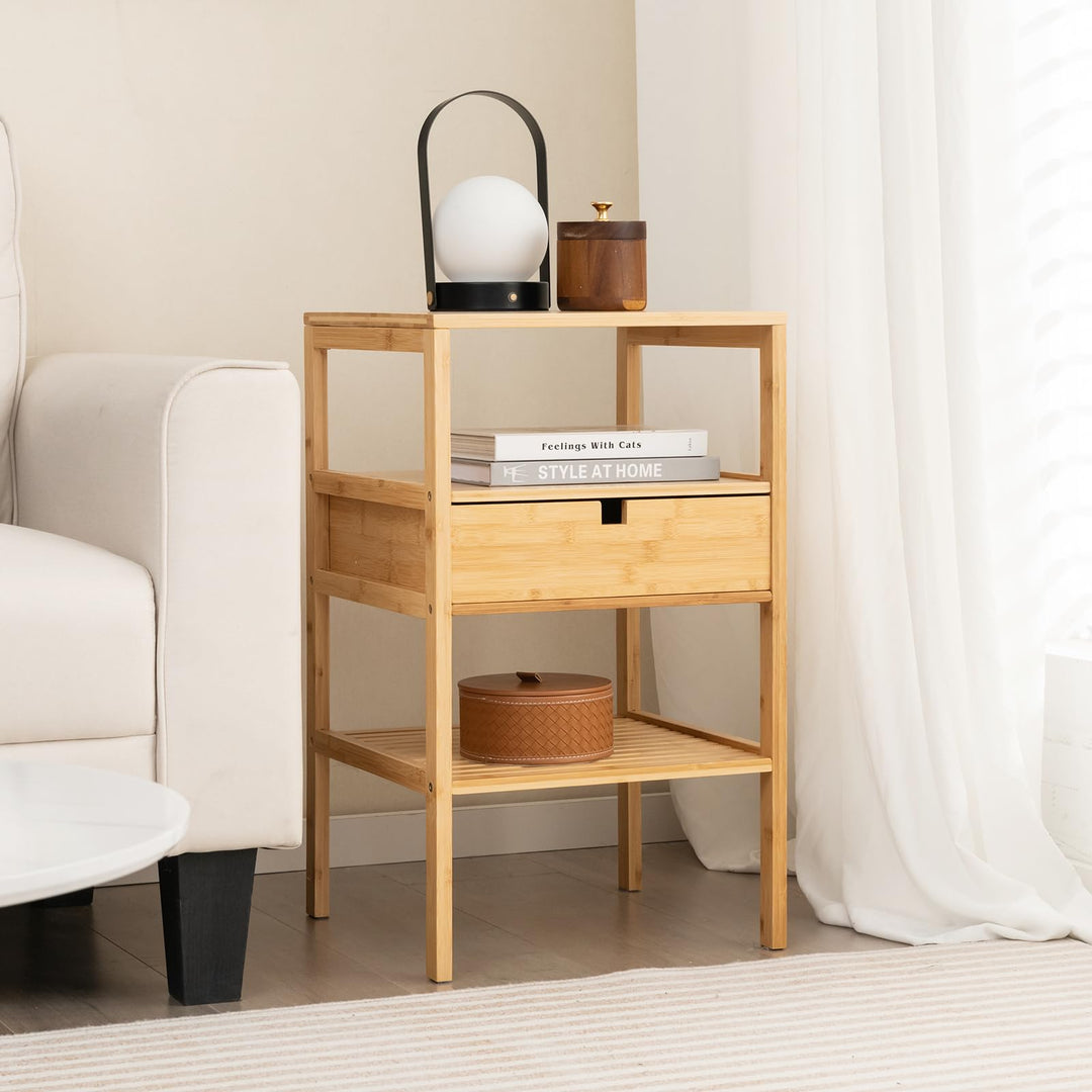 Giantex Nightstand Set of 1/2, Bamboo End Table with Drawer and 2 Open Shelves