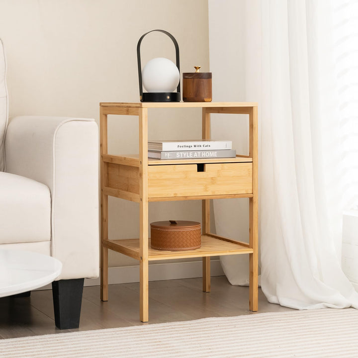 Giantex Nightstand Set of 1/2, Bamboo End Table with Drawer and 2 Open Shelves