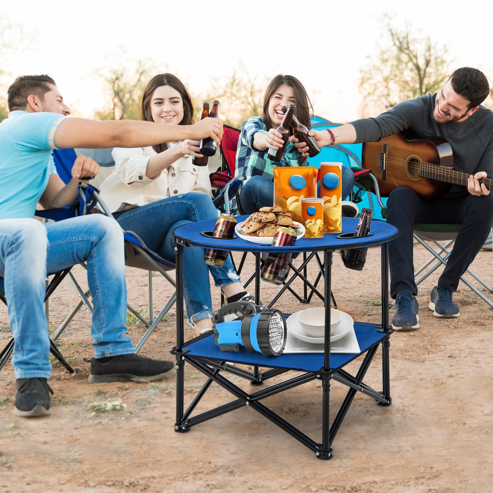 Giantex Folding Camping Table, 2-Tier Portable Picnic Table w/Carrying Bag, 4 Cup Holders