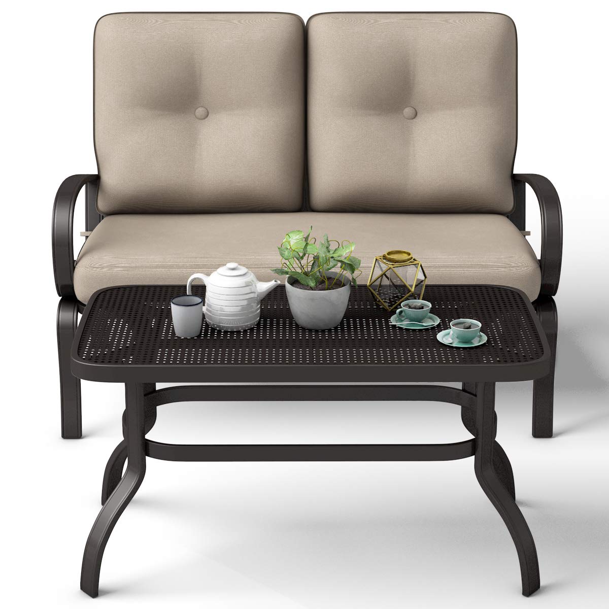 2 Pcs Patio Loveseat with Coffee Table Outdoor Bench with Cushion and Metal Frame(Beige & Black)
