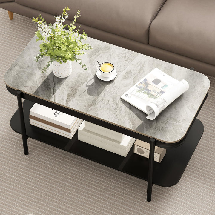 Giantex 2-Tier Coffee Table with Storage Faux Mable Center Table w/Sintered Stone Top