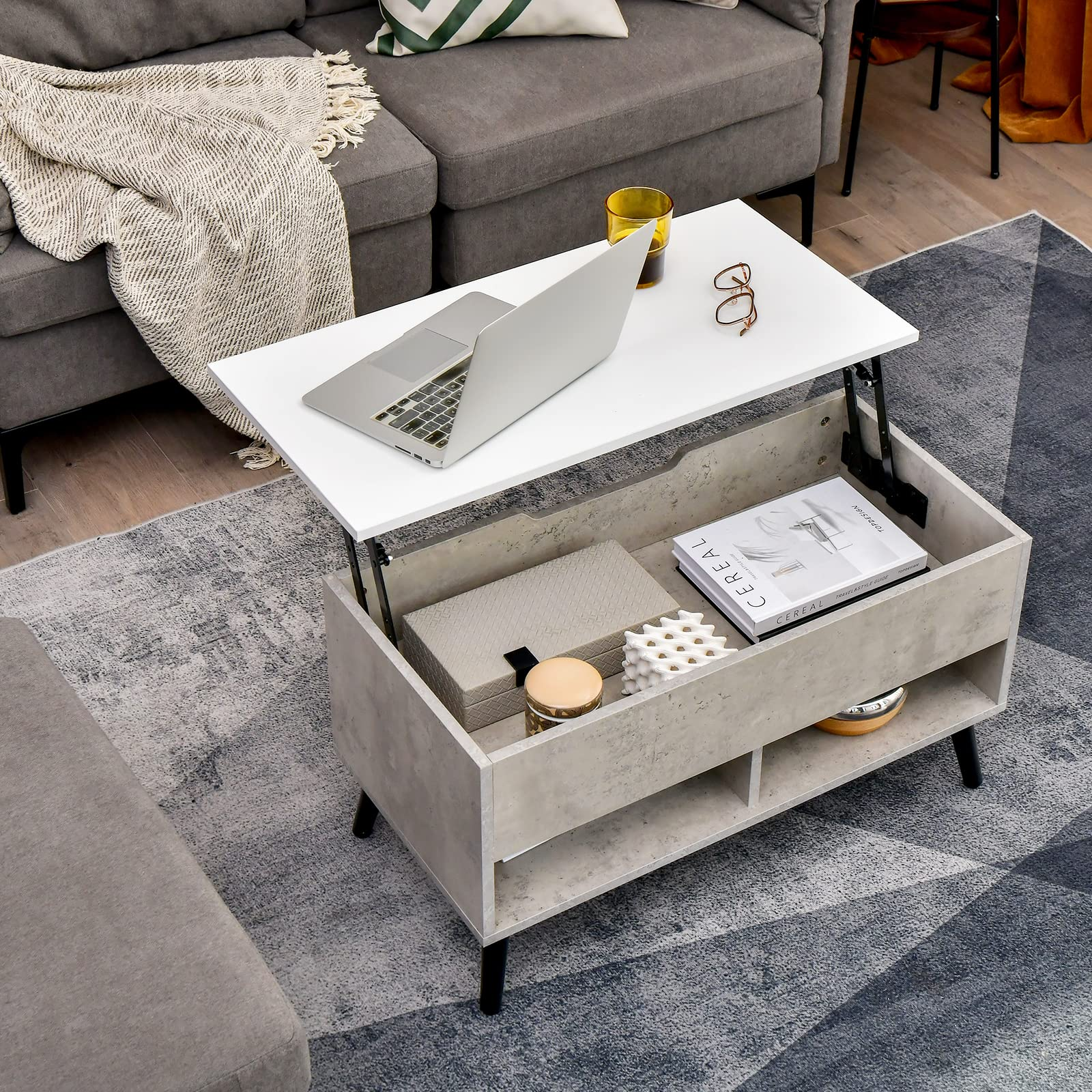 Giantex Lift Top Coffee Table, Modern Cocktail Table w/Hidden Compartment & 2 Open Shelves