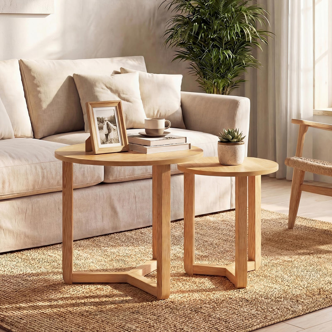 Giantex Farmhouse Round Nesting Coffee Table Set of 2 Wood Nesting End Tables