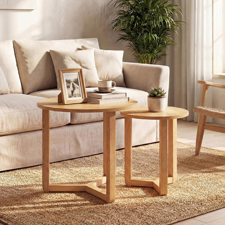 Giantex Farmhouse Round Nesting Coffee Table Set of 2 Wood Nesting End Tables