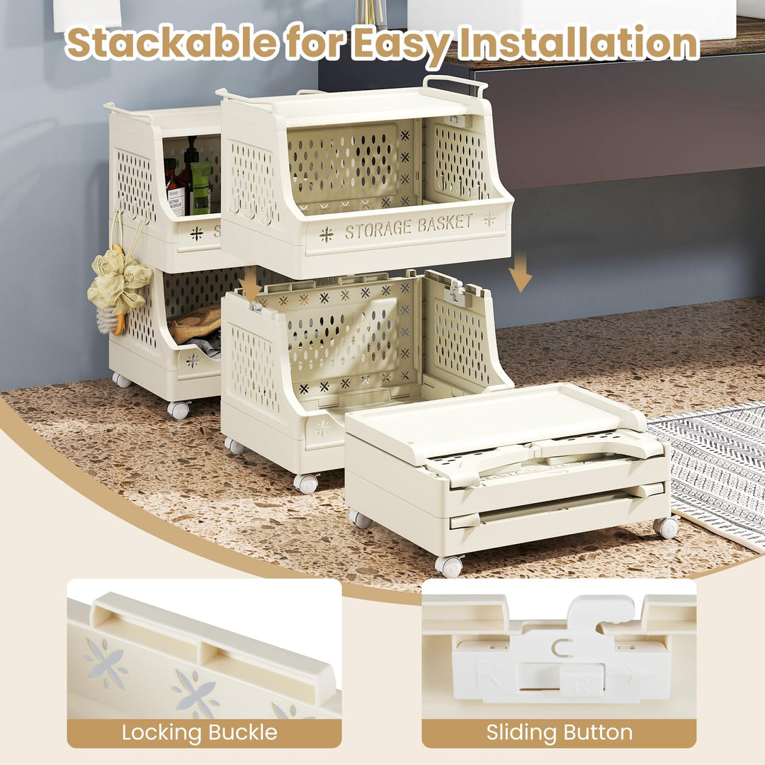 Giantex 3-Tier Rolling Laundry Cart with Wheels Folding Laundry Basket w/Handles & Hooks