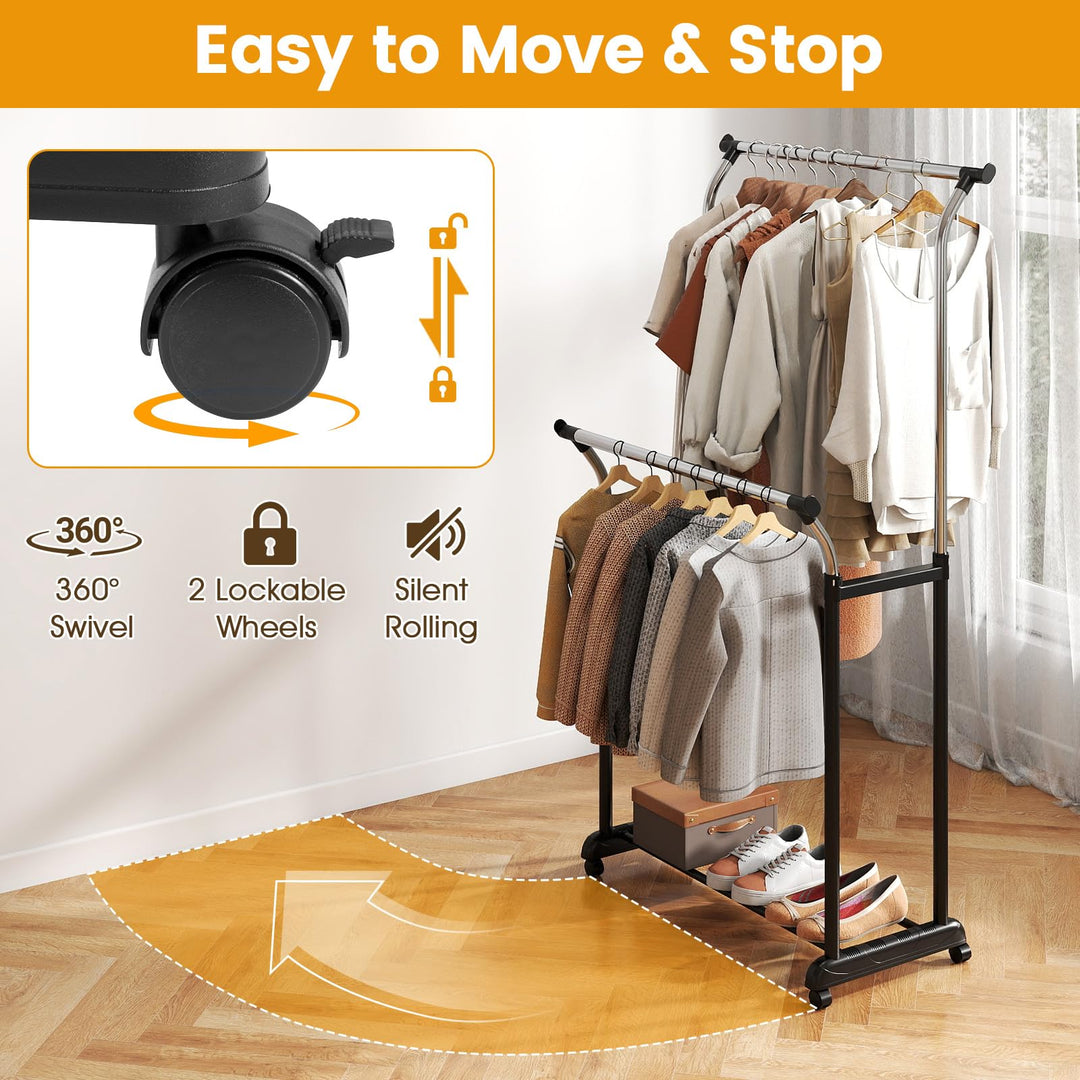 Giantex Double Rod Clothing Rack with Adjustable Height & Wheels