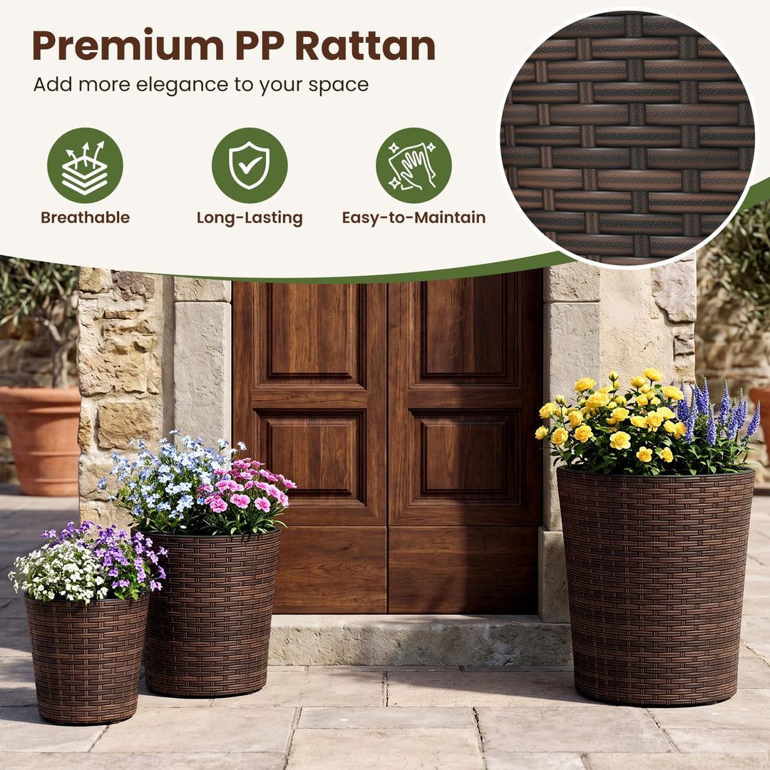 Giantex Set of 3 Plastic Planters | 14 &amp; 11 &amp; 9 Inch Taper Rattan Planters with Drainage Holes and Saucers