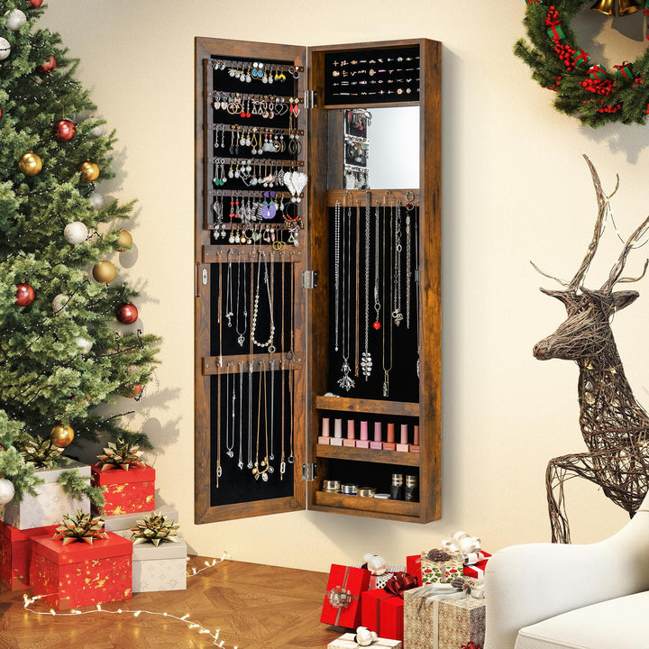 Giantex Wall Mounted Jewelry Cabinet with Full Length Mirror Over The Door Jewelry Armoire Organizer with Large Storage