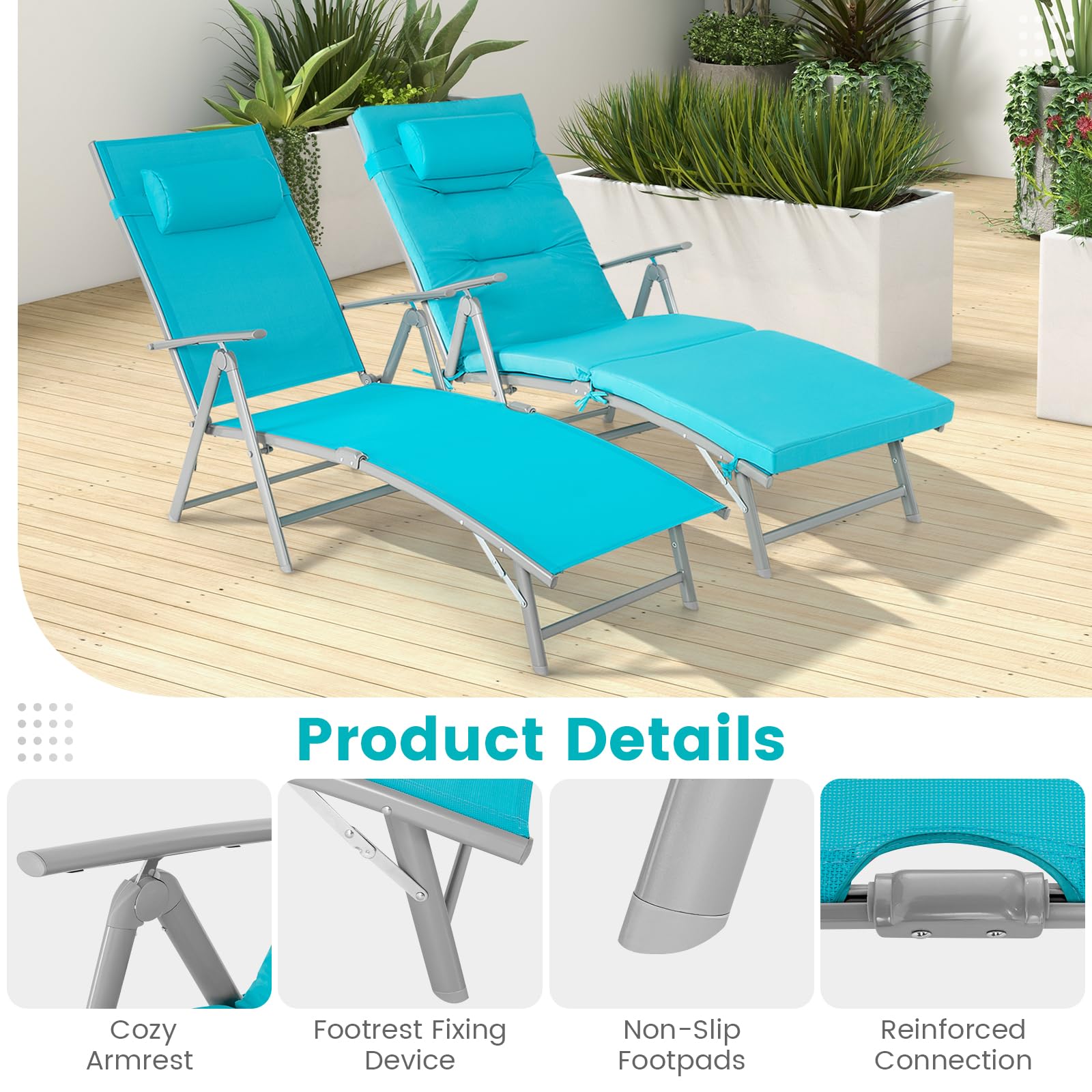 Giantex Folding Chaise Lounge Chair - Outdoor Reclining Chair with Removable Seat Cushion, Headrest Pillow