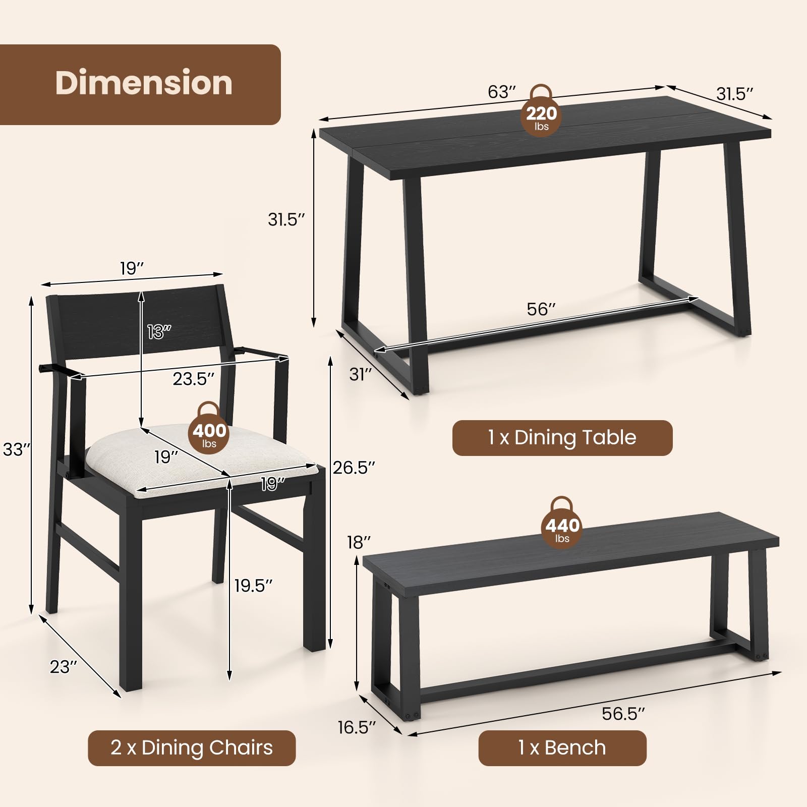 Giantex Dining Room Table Set for 4 - Kitchen Table Chairs Set with 2 Armchairs, 1 Bench, Dinette Set with Cushions