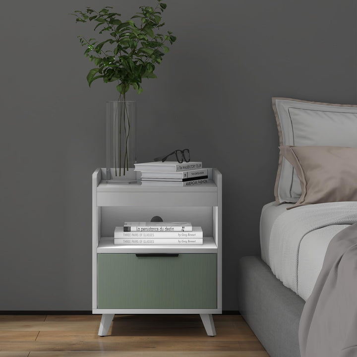 Giantex Nightstand with Drawer, 3-Tier Bedside Table with Storage Drawer & Open Compartment