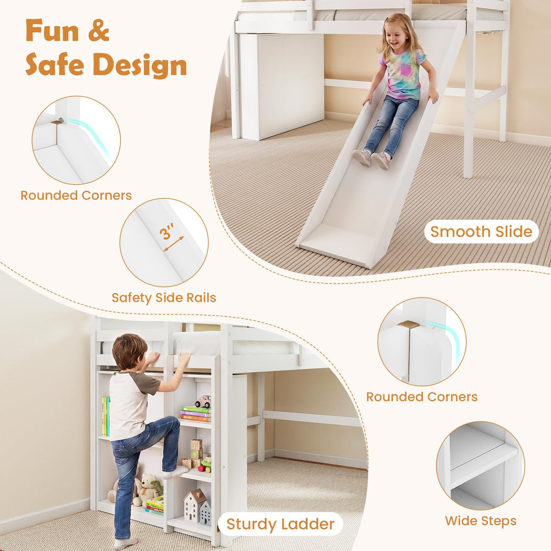 GIANTEX Twin Size Loft Bed with Slide &amp; Under Bed Play Space