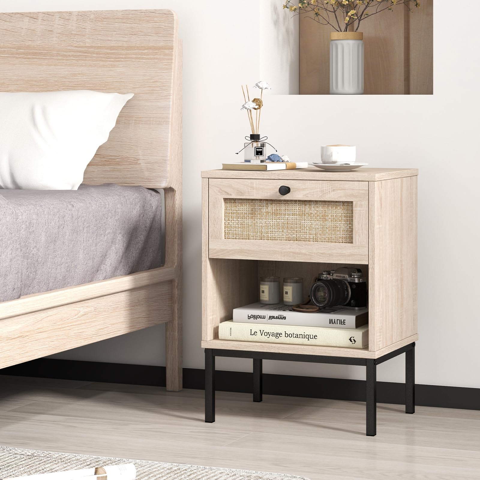 Giantex Rattan Nightstand with Drawer, Boho Side Table with 4 Metal Legs and Open Storage Shelf