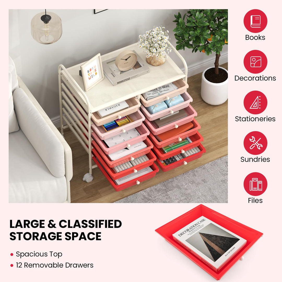 12 Drawers Rolling Cart for Office School Supplies - 25” x 15” x 24.5”