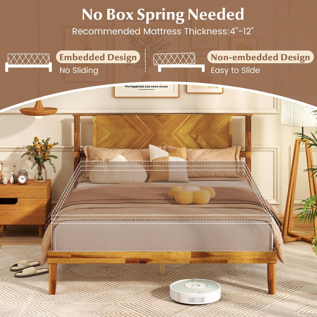 Giantex Acacia Wood Platform Bed Frame Mid-Century Modern Bed Frame with Headboard