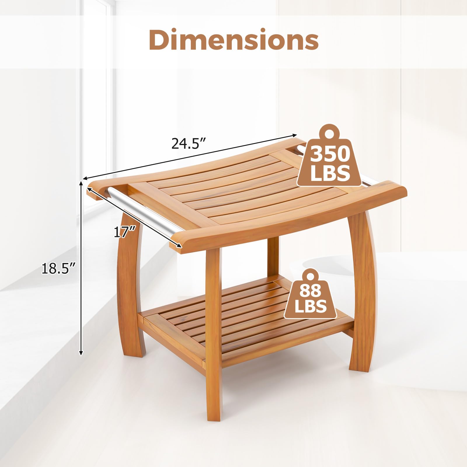Gaintex Teak Shower Bench with Handles and Storage Shelf, Teak Shower Stool for Shaving Legs, Non-Slip Foot Pads