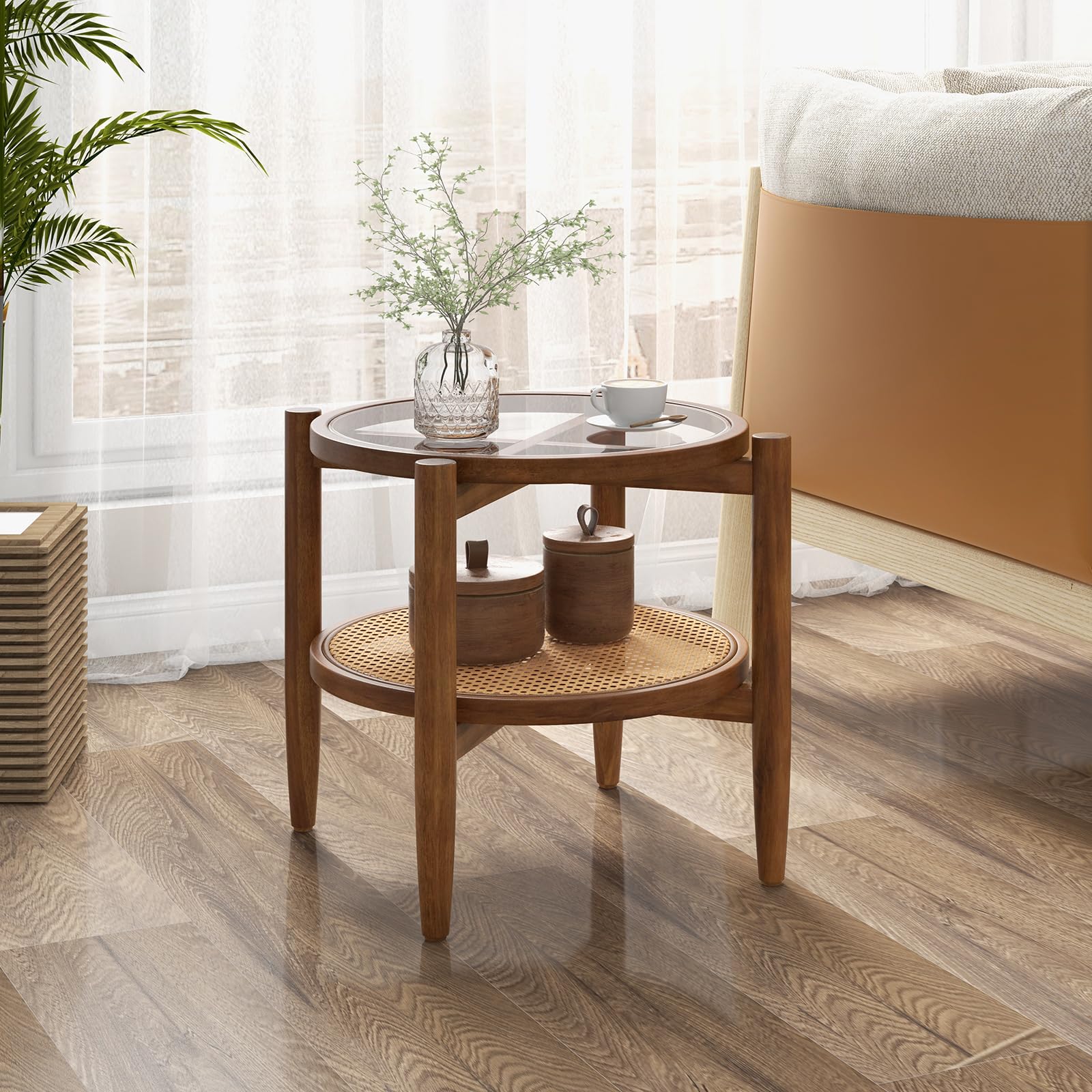 Rattan Round End Table - Giantex