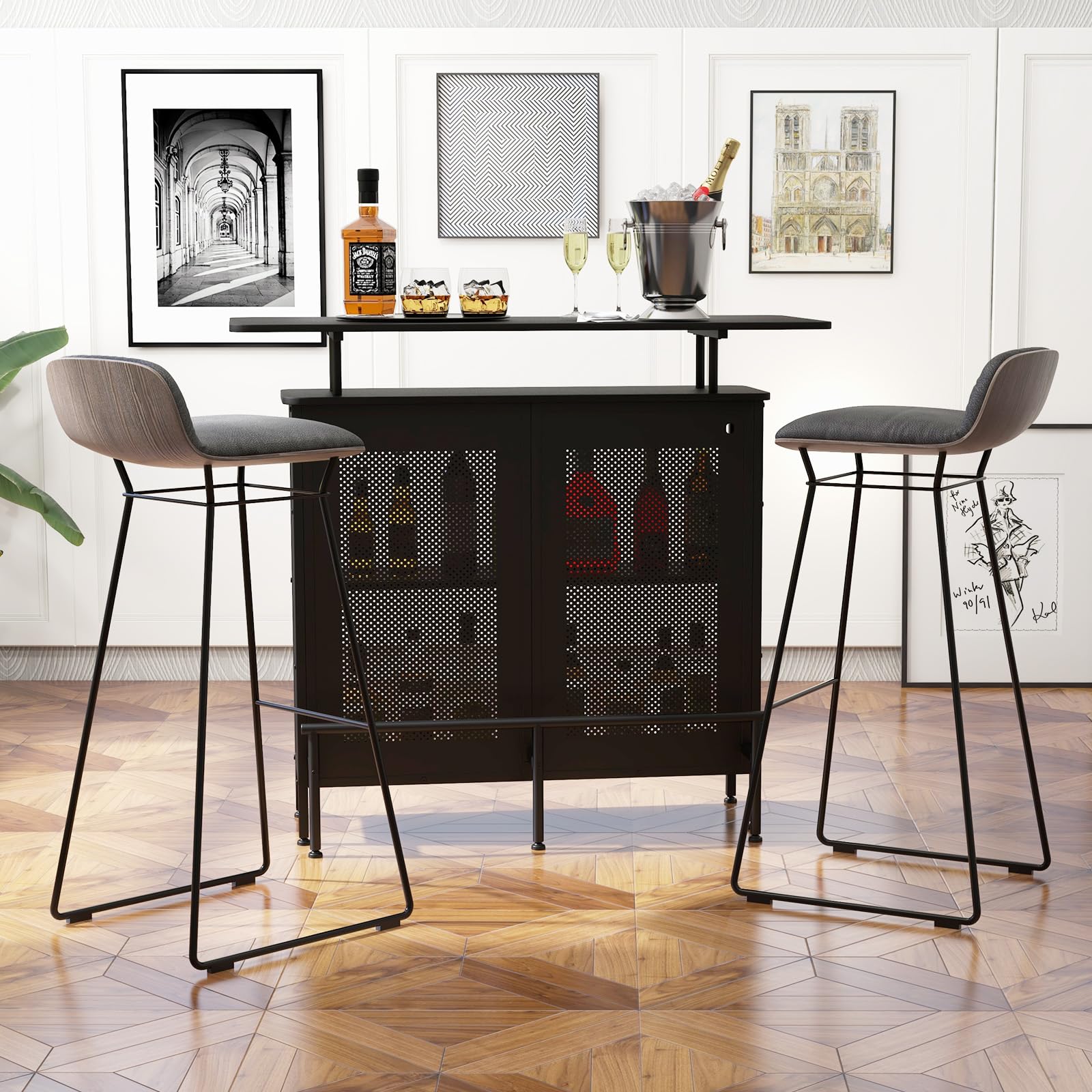 Giantex 4-Tier Home Bar Unit, Home Bar Cabinet w/ 2 Wine Storage Shelves & 6 Stemware Holders, Black