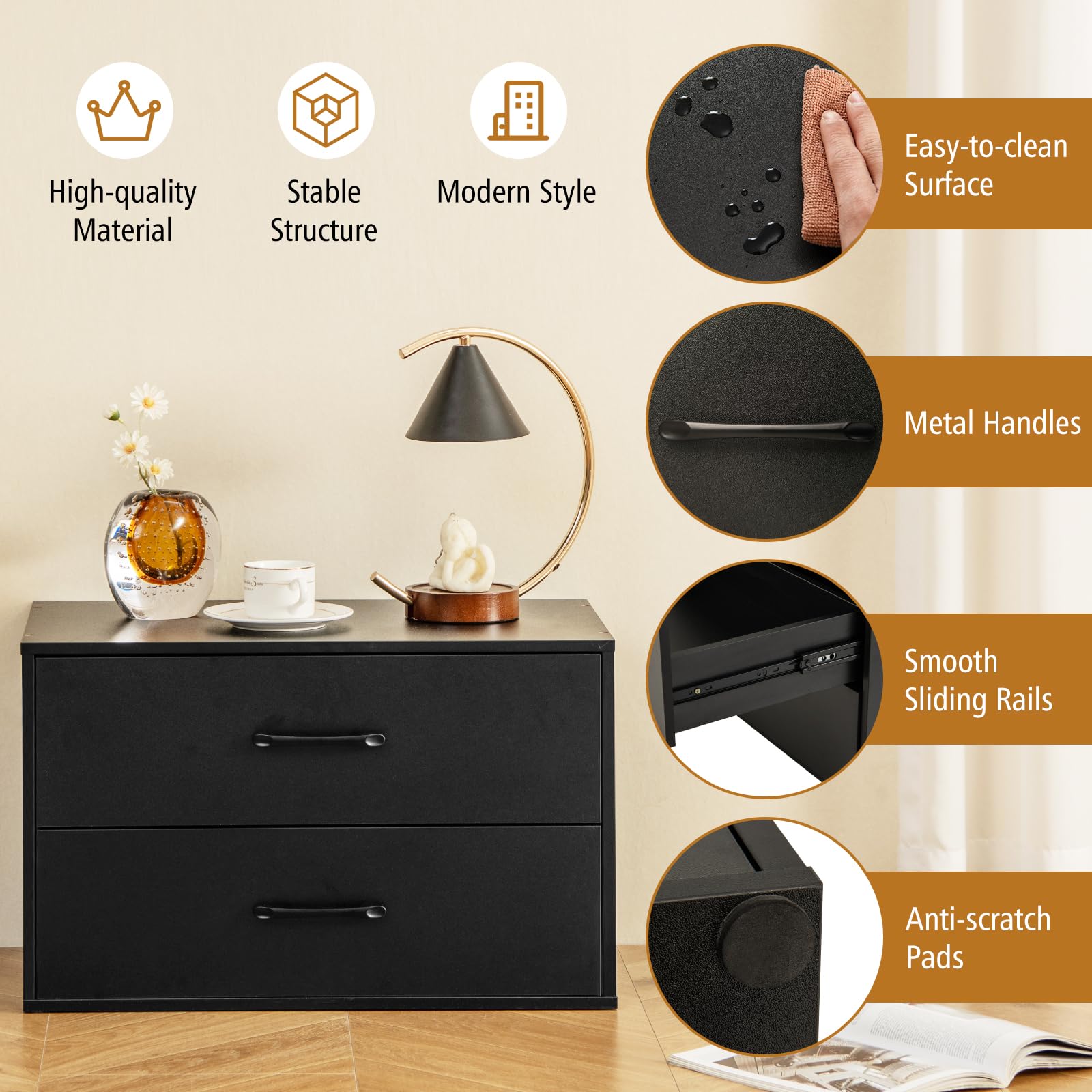Giantex Stackable Drawers for Closet, 2-Drawer Short Dresser, Multi-Purpose Storage Cube with Anti-Scratch Pads(1/2, Black)
