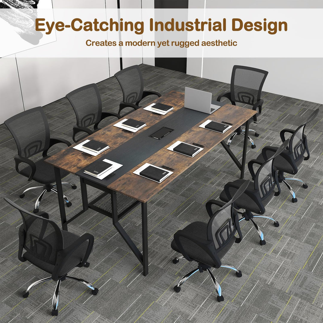 Giantex Rectangular Meeting Table with Mesh Storage Shelf and Cable Grommet