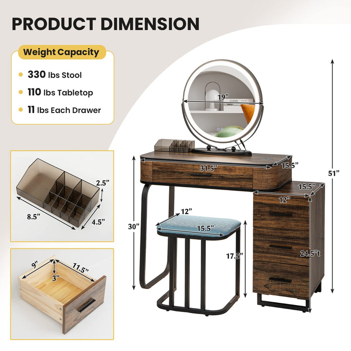 CHARMAID Makeup Vanity Table with Lights, Vanity Desk with 3 Color Lighted Mirror, Rustic Brown