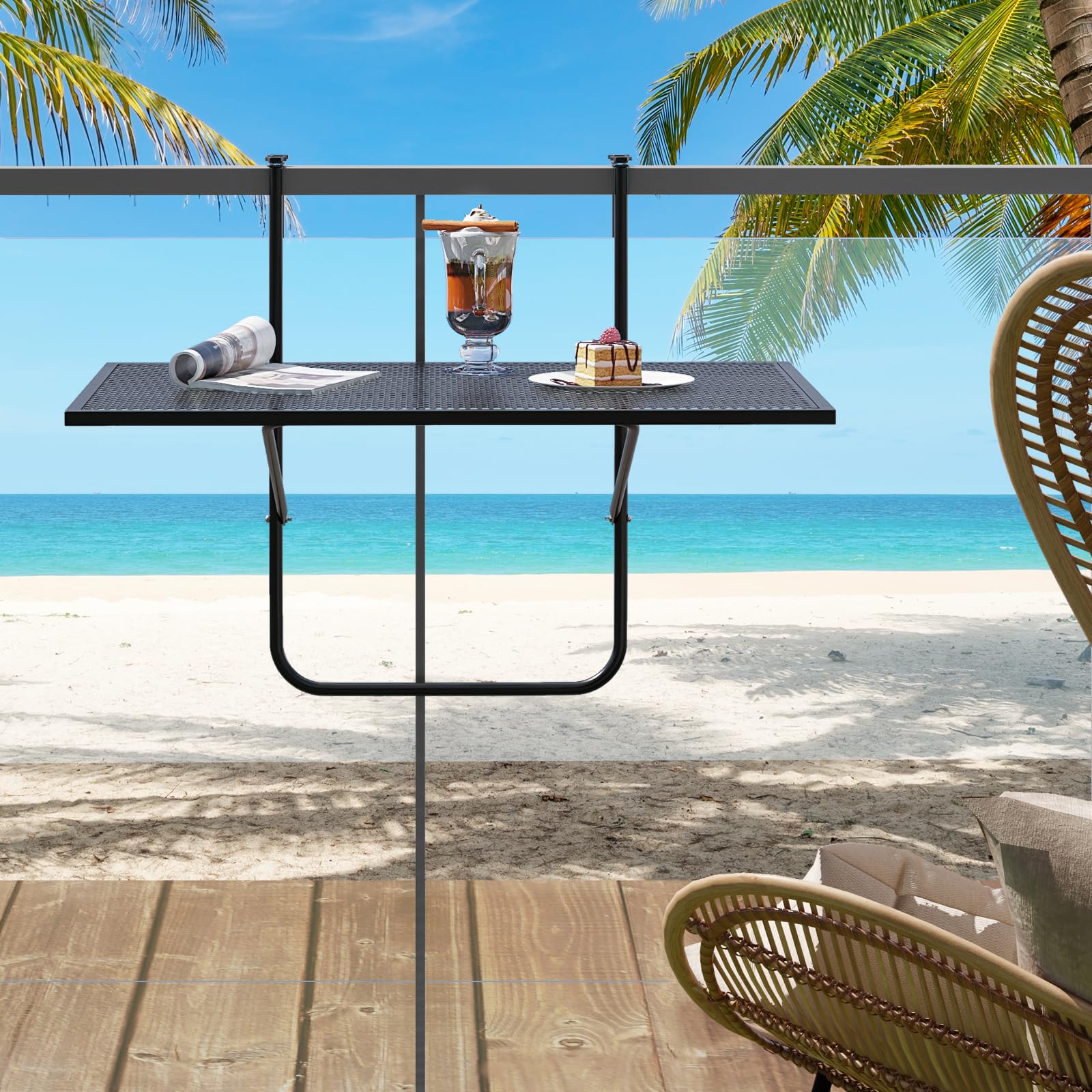 Giantex Balcony Table, Folding Outdoor Side Table for Railings Up to 2.4" Thick, Space-saving Railing Serving Table with Metal Frame