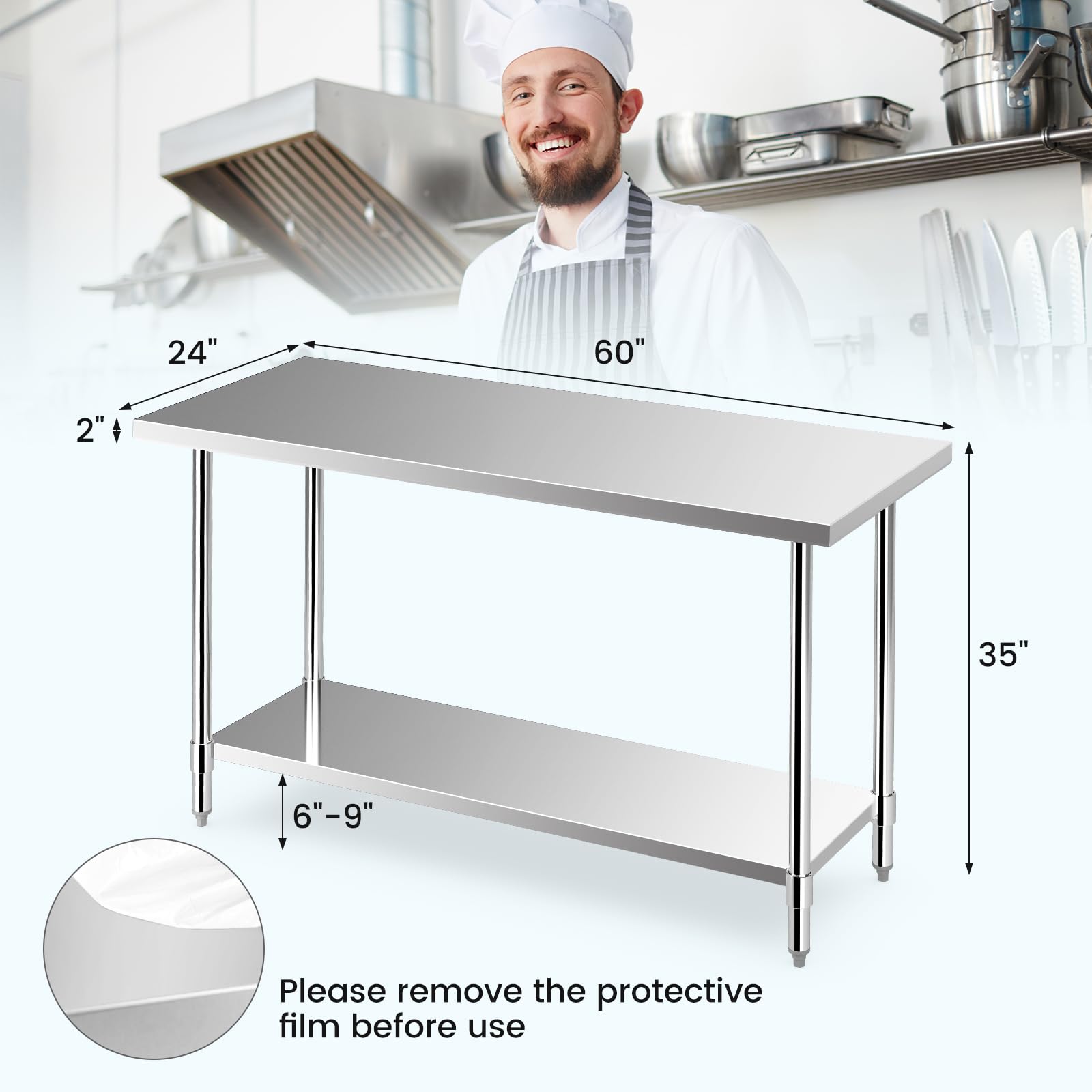 Giantex Stainless Steel Table, 24 x60 Inches Commercial Work Table with Adjustable Undershelf and Foot Pads