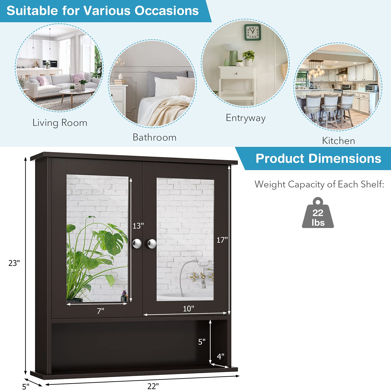 Giantex Medicine Cabinet, Bathroom Wall Cabinet with 2 Mirrored Doors, Adjustable Shelf
