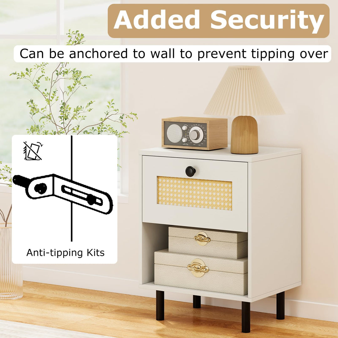 Giantex Rattan Nightstand Boho End Table with Rattan Drawer and Open Shelf