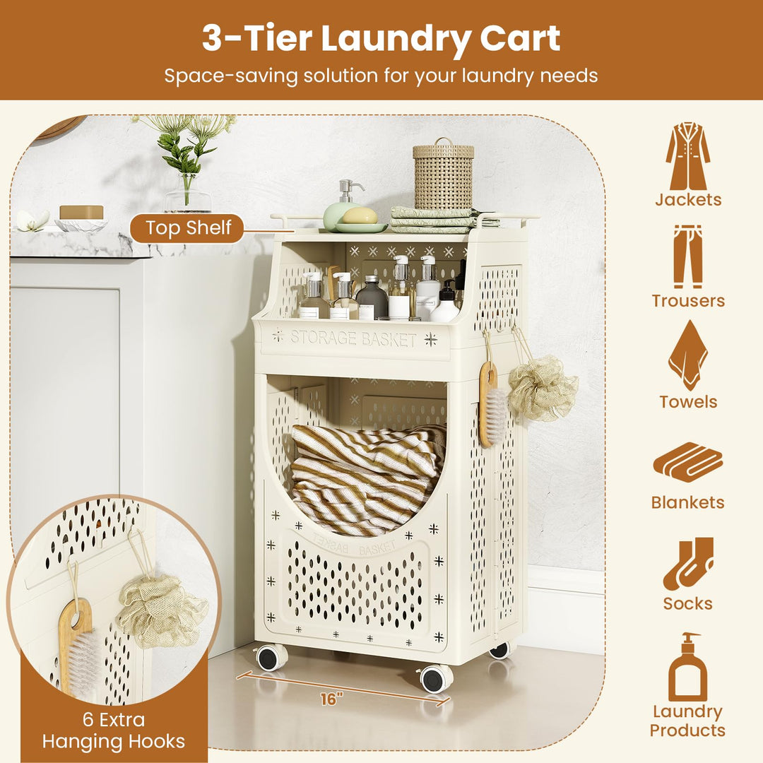 Giantex 3-Tier Rolling Laundry Cart with wheels Folding Laundry Basket with 2 Baskets