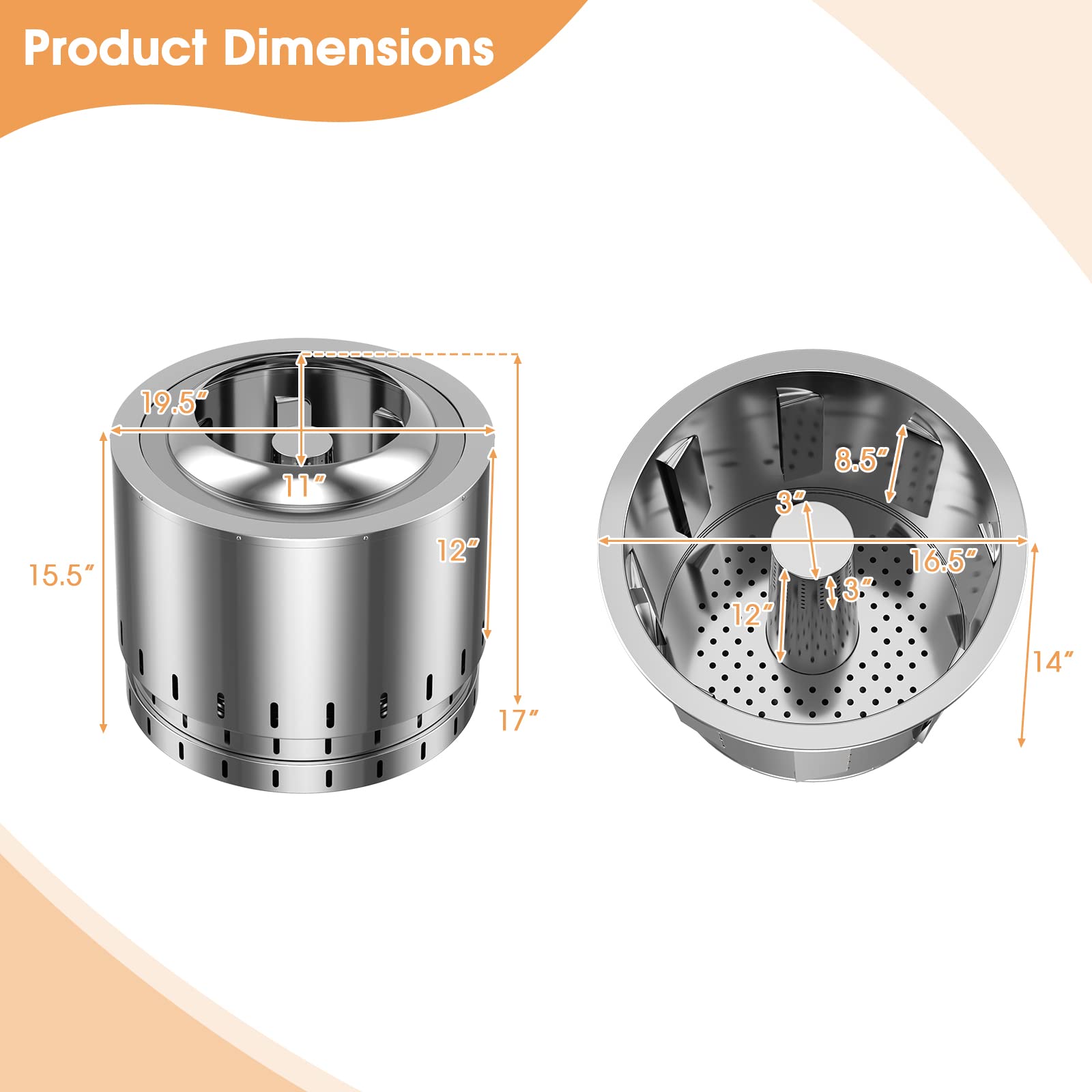 Giantex Smokeless Fire Pit for Outside - 19.5 Inch Stainless Steel Wood Burning Firepit with Protective Cover