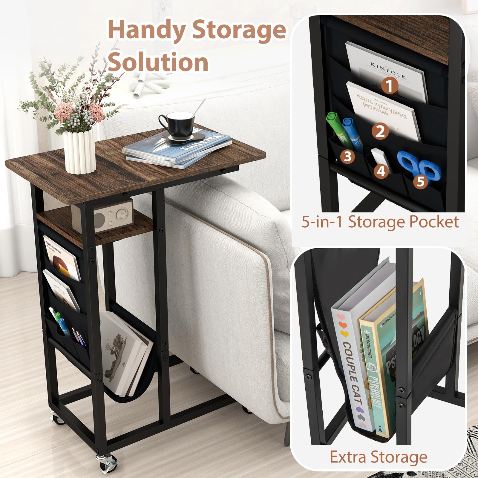 Giantex C Shaped End Table with Charging Station and Wheels