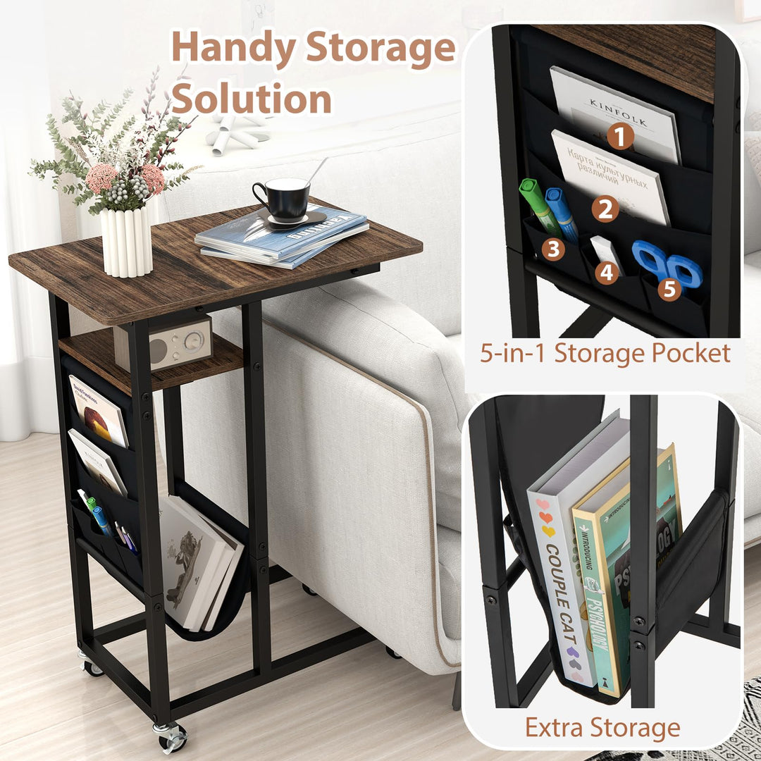 Giantex C Shaped End Table with Charging Station and Wheels