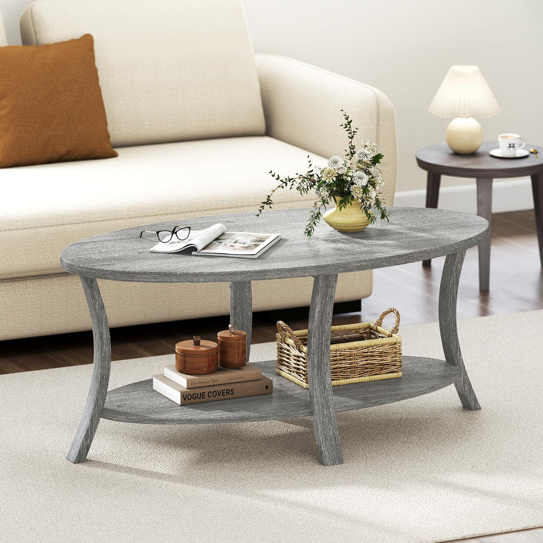 Giantex 44 Inch Oval Coffee Table 2-Tier Center Table with Storage Shelf & Rubber Wood Frame