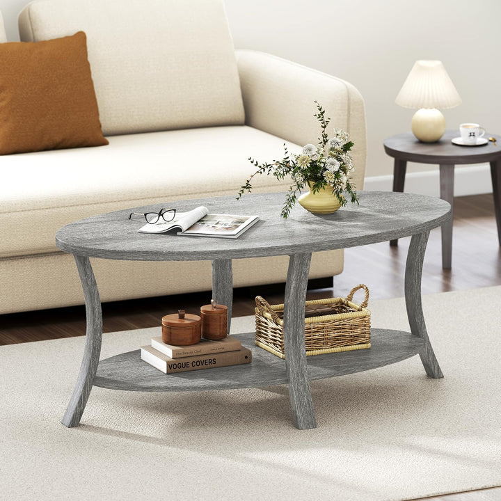 Giantex 44 Inch Oval Coffee Table 2-Tier Center Table with Storage Shelf & Rubber Wood Frame