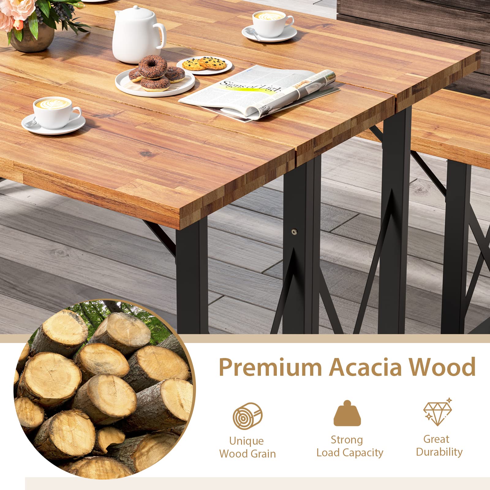 Giantex Outdoor Picnic Table Set with 2 Benches, Acacia Wood Patio Dining Table Set for 6 or 4 Persons, with 2” Umbrella Hole