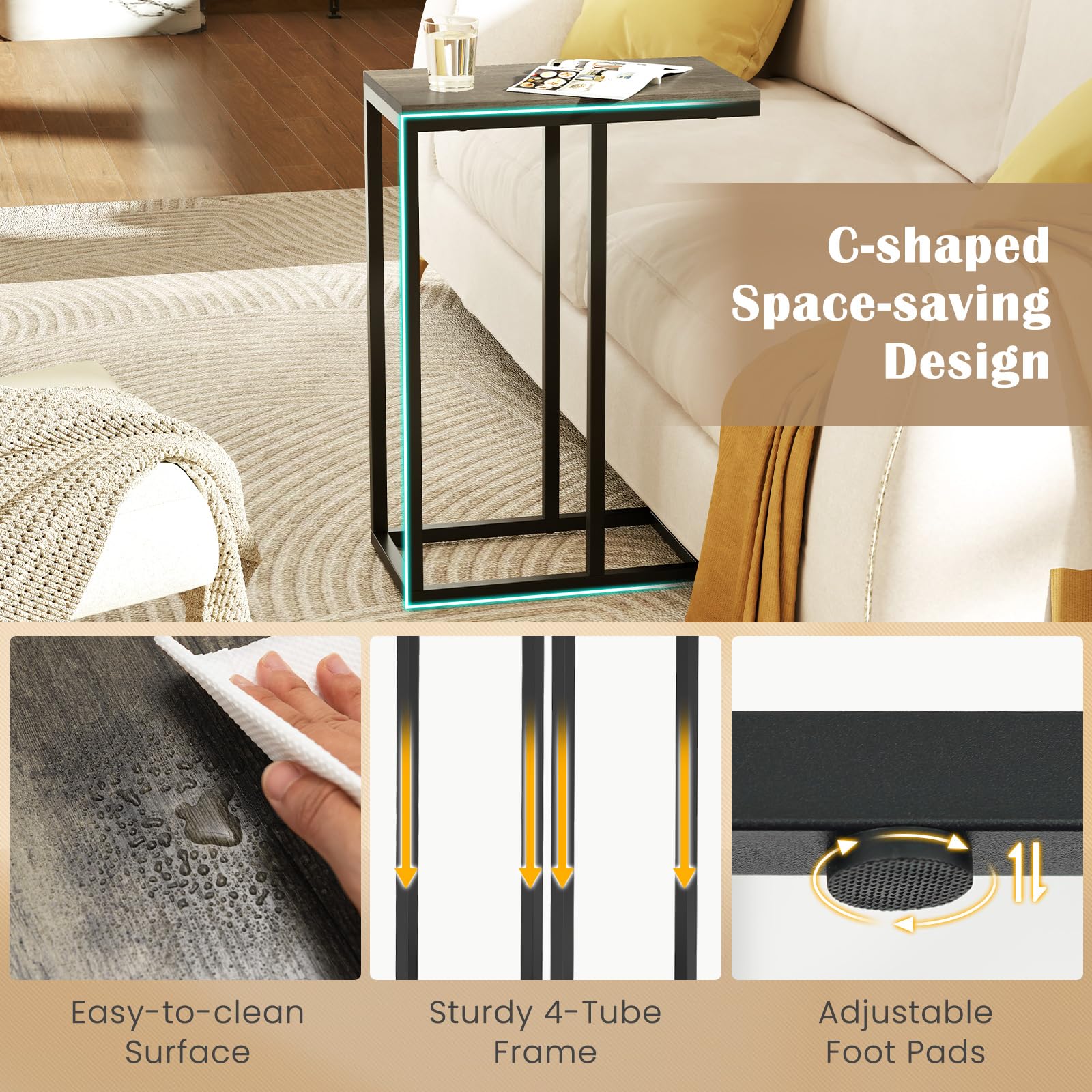Giantex C Shaped End Table, Small Side Table for Sofa, Couch Table That Slide Under with Metal Frame