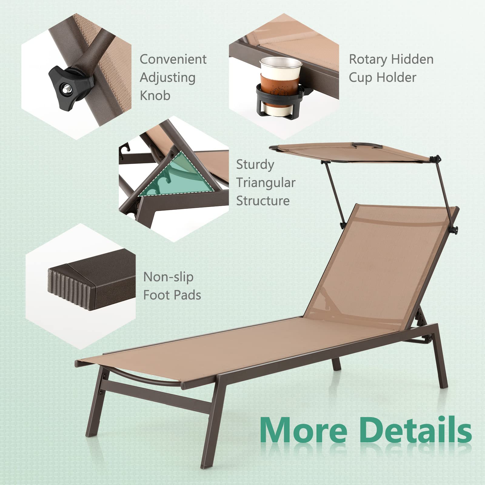 Outdoor Chaise Lounge Chair- Tanning Chair with Sunshade - Giantex
