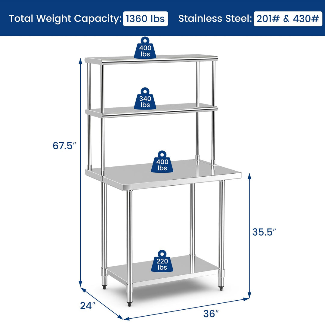 Giantex Stainless Steel Table with Overshelf, 36"×24"