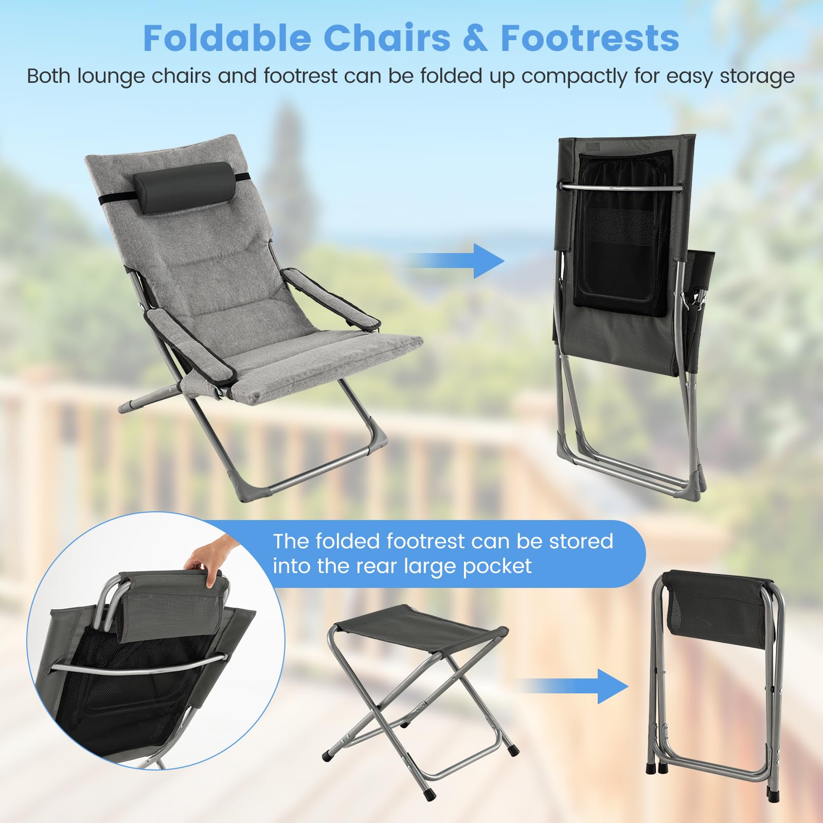 Giantex 5-Piece Patio Bistro Set, Folding Lounge Chairs with Footrest Stool & Side Table, Removable Cushion