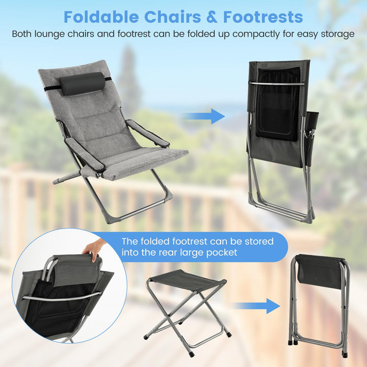 Giantex 5-Piece Patio Bistro Set, Folding Lounge Chairs with Footrest Stool & Side Table, Removable Cushion