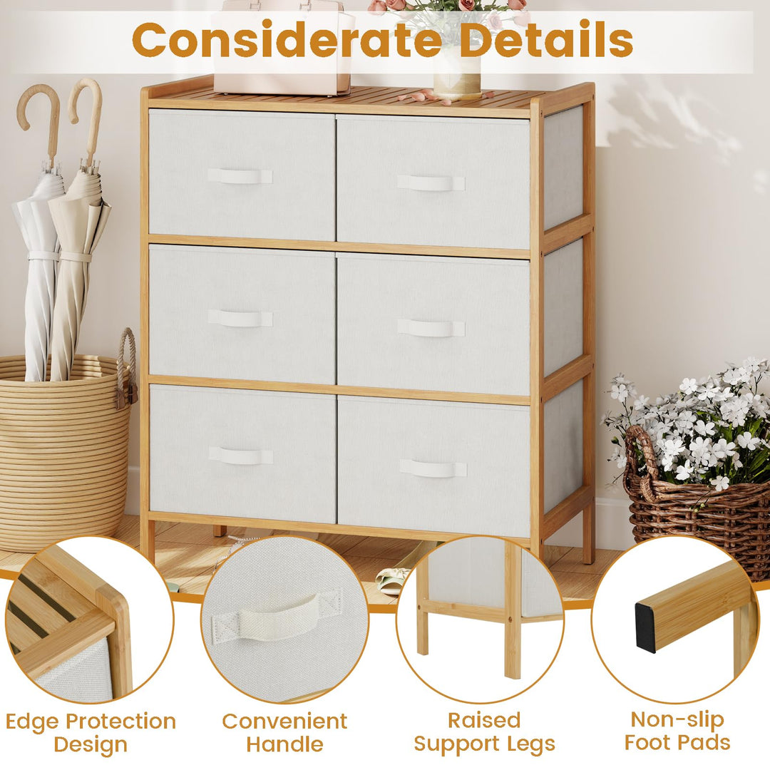 Giantex White Dresser for Bedroom Bamboo 6 Fabric Drawers Storage Tower with Top Shelf