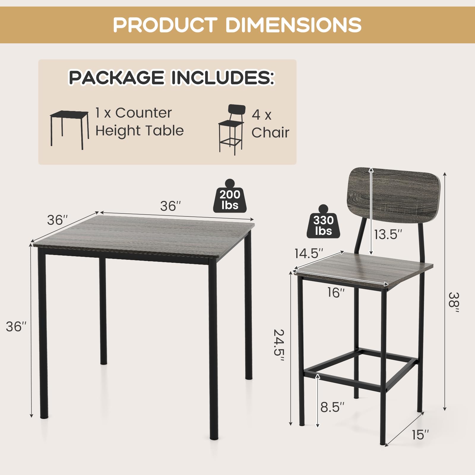 Giantex 5-Piece Dining Table Set W/Counter Height Table & 4 Bar Stools