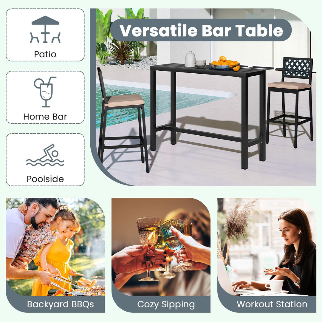 Giantex 48" Outdoor Rectangle Bar Table with Counter Height Slatted Top & Footrest, Black